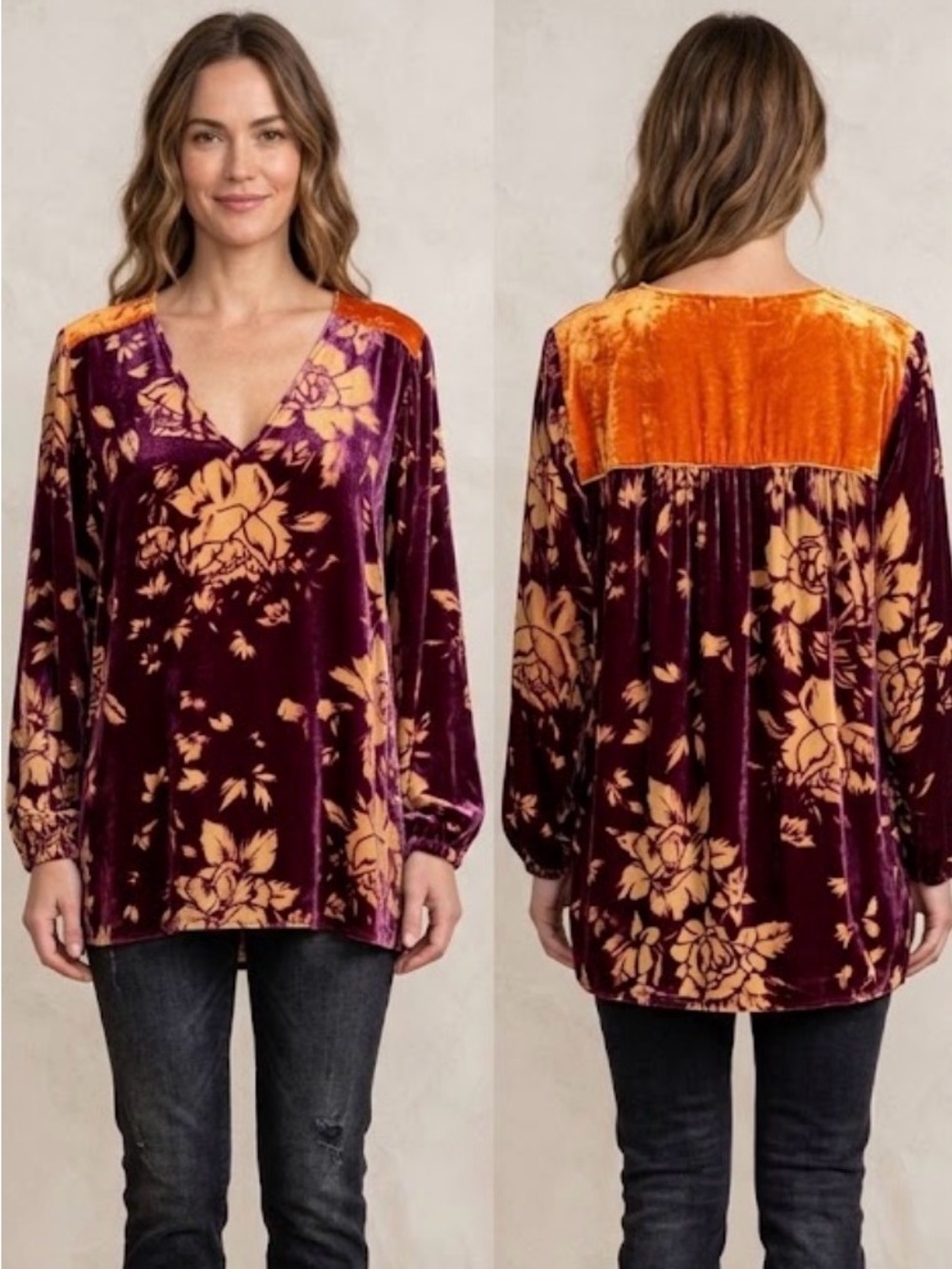 Johnny Was Vida Floral Burnout VelvetVneck Silk Rayon Long Sleeve Blouse size 1X